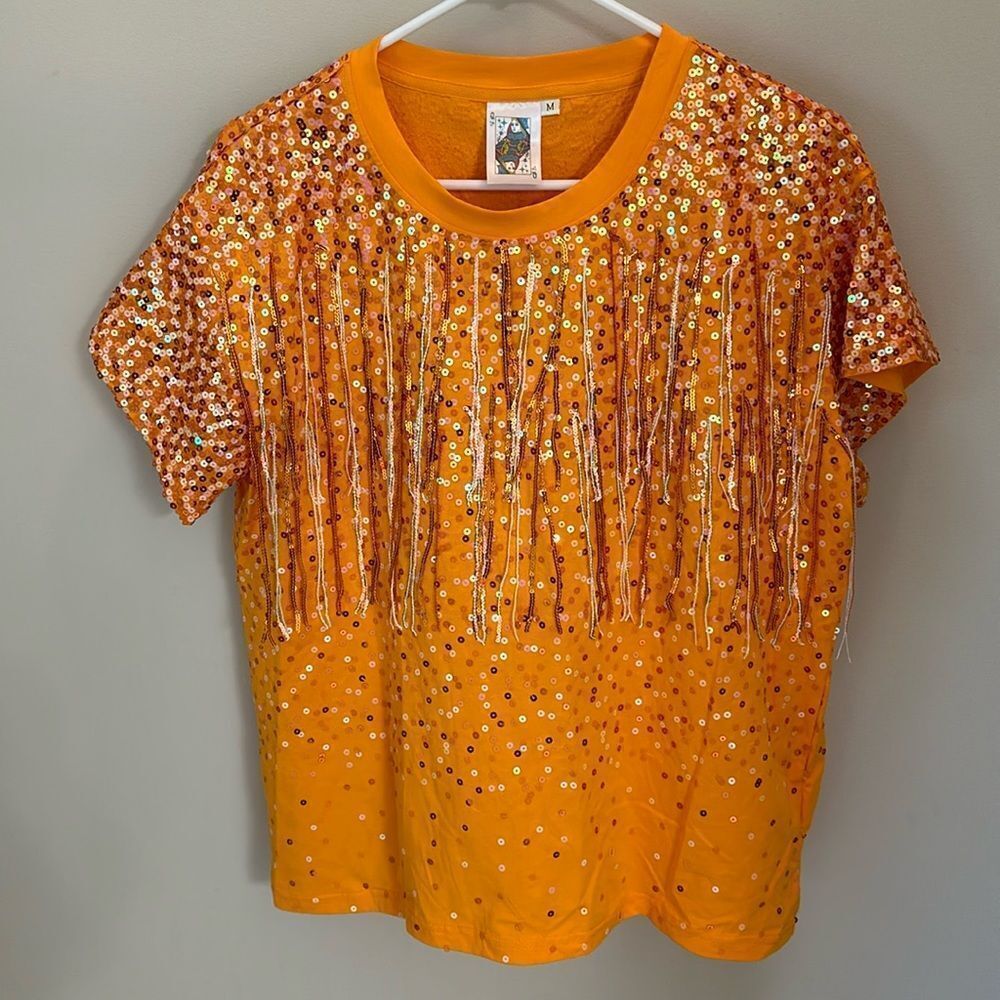 NWT Queen of Sparkles Bright Orange Sequin Tassel Short Sleeve T-Shirt SOLD OUT